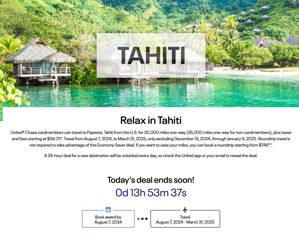 united airlines daily award flight specials, tahiti