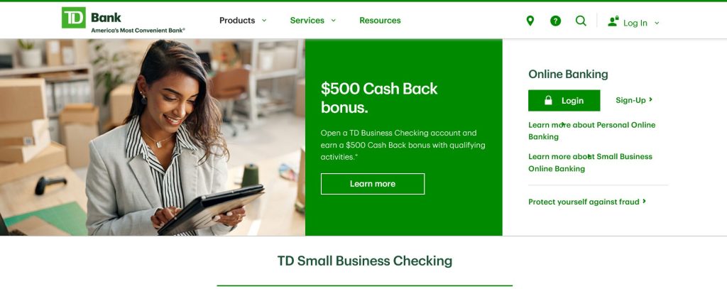 td bank business checking account $500 bonus offer, bank bonus