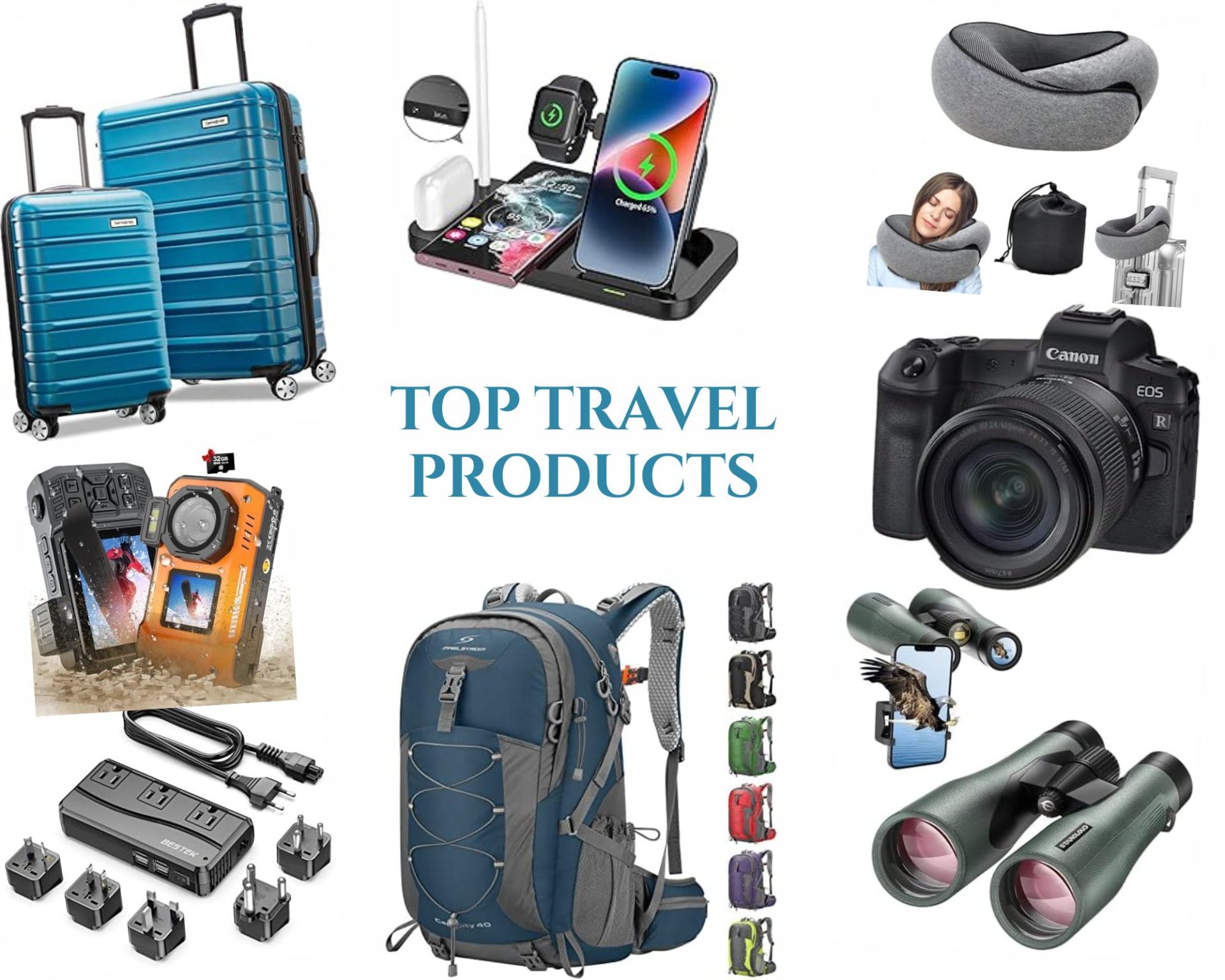 great deals, best travel products, luggage, backpacks, digital cameras, binoculars, wireless charging stations, baggage tags, electrical adapters, voltage converters, neck pillows, smart watches