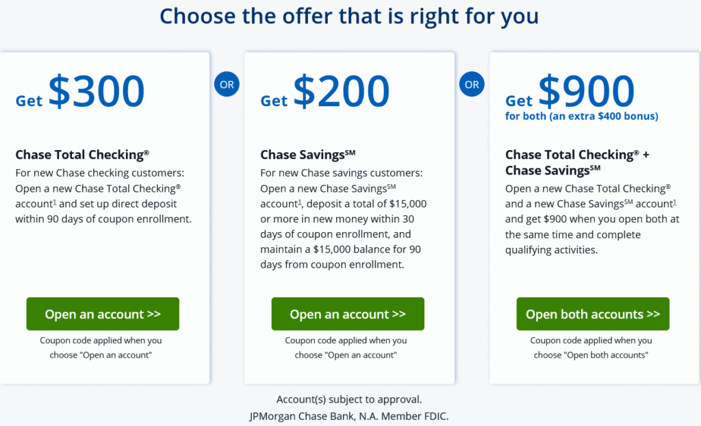 chase bank checking and savings accounts $900 bonus